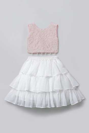 Byb Premium_White Georgette, Silk Pearls Embroidered Top Tiered Skirt Set _Online_at_Aza_Fashions