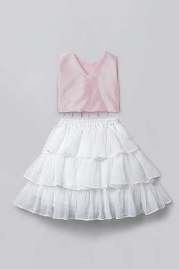 Buy_Byb Premium_White Georgette, Silk Pearls Embroidered Top Tiered Skirt Set _Online_at_Aza_Fashions