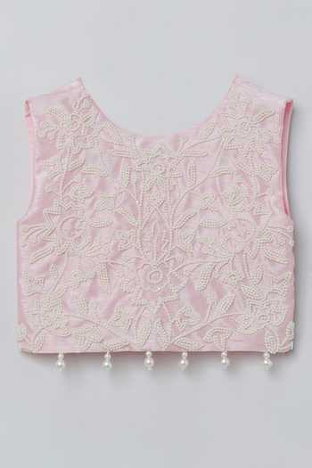 Byb Premium_White Georgette, Silk Pearls Embroidered Top Tiered Skirt Set _at_Aza_Fashions