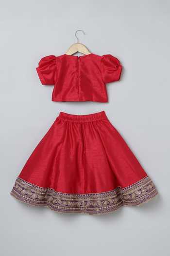 Buy_Byb Premium_Red Silk Beads Bird Hand Embroidered Lehenga Set _Online_at_Aza_Fashions