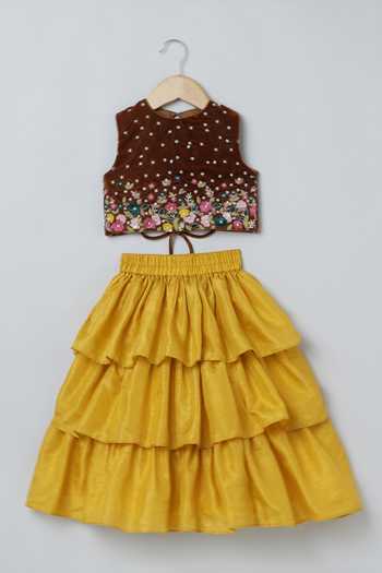 Byb Premium_Yellow Velvet, Silk Tassels Floral Embroidered Top And Layered Skirt Set _Online_at_Aza_Fashions