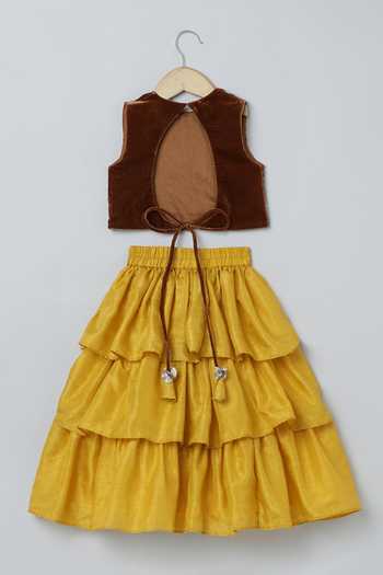 Buy_Byb Premium_Yellow Velvet, Silk Tassels Floral Embroidered Top And Layered Skirt Set _Online_at_Aza_Fashions