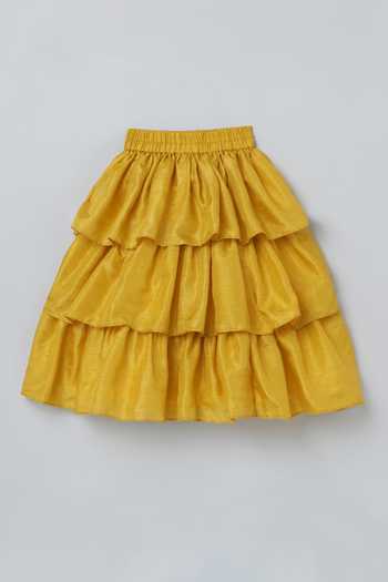 Buy_Byb Premium_Yellow Velvet, Silk Tassels Floral Embroidered Top And Layered Skirt Set 