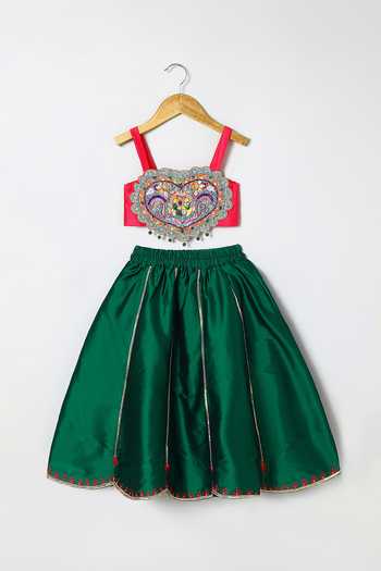 Byb Premium_Pink Cotton, Chanderi Beaded Hand Embroidered Top With Lehenga _Online_at_Aza_Fashions