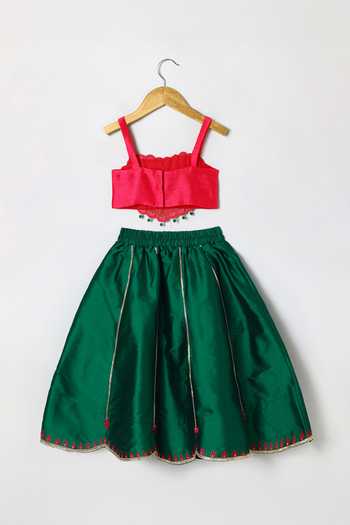 Buy_Byb Premium_Pink Cotton, Chanderi Beaded Hand Embroidered Top With Lehenga _Online_at_Aza_Fashions