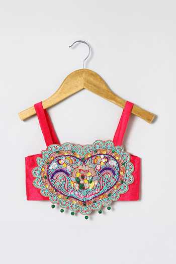 Byb Premium_Pink Cotton, Chanderi Beaded Hand Embroidered Top With Lehenga _at_Aza_Fashions