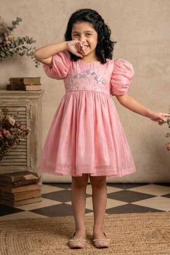 Byb Premium_Pink Cotton, Chanderi, Tissue Hand Embroidered Dress _Online_at_Aza_Fashions