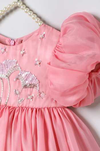 Byb Premium_Pink Cotton, Chanderi, Tissue Hand Embroidered Dress _at_Aza_Fashions