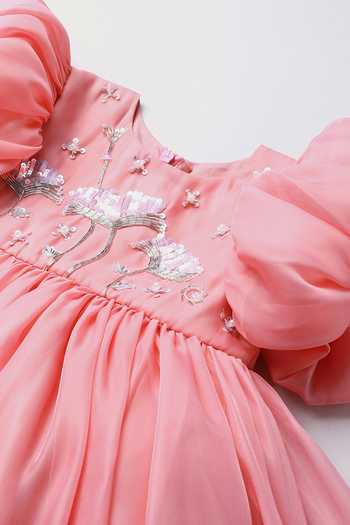 Buy_Byb Premium_Pink Cotton, Chanderi, Tissue Hand Embroidered Dress 