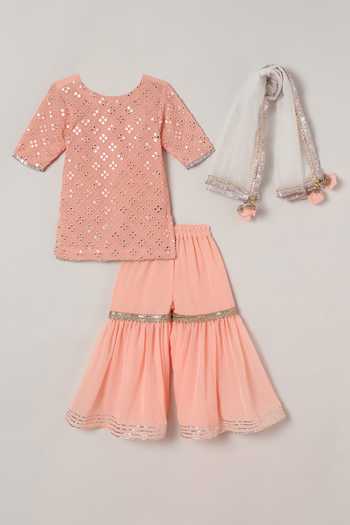 Shop_Byb Premium_Peach Georgette, Cotton Embroidery, Mirrors Kurta Sharara Set _Online_at_Aza_Fashions