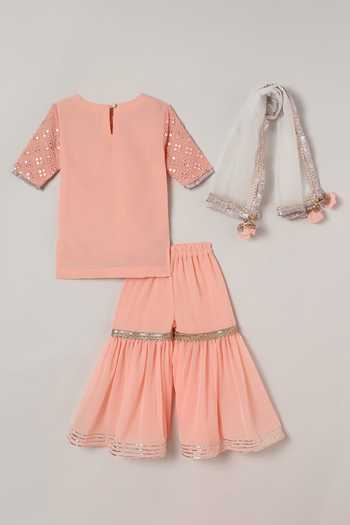 Byb Premium_Peach Georgette, Cotton Embroidery, Mirrors Kurta Sharara Set _at_Aza_Fashions