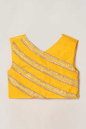 Byb Premium_Yellow Cotton, Silk, Acrylic Mirrors, Embroidery Blouse Skirt Set _at_Aza_Fashions