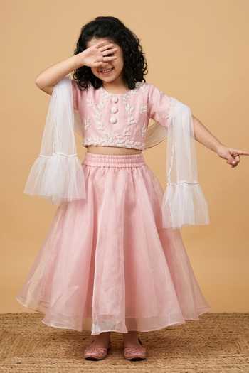 Byb Premium Pink Organza Pearls Embroidered Top Flared Lehenga Set Online at Aza Fashions Byb Premium_Pink Organza Pearls Embroidered Top Flared Lehenga Set _Online_at_Aza_Fashions