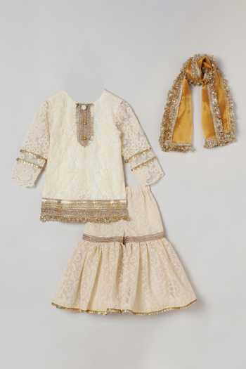 Buy_Byb Premium_Ivory Organza, Cotton Sequins, Lace Embroidered Placket Kurta Sharara Set _Online_at_Aza_Fashions