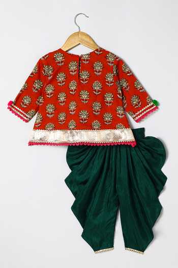 Byb Premium_Maroon Cotton Zari Embellished Kurta And Green Dhoti Pant Set _at_Aza_Fashions