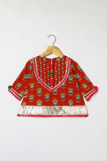 Buy_Byb Premium_Maroon Cotton Zari Embellished Kurta And Green Dhoti Pant Set 