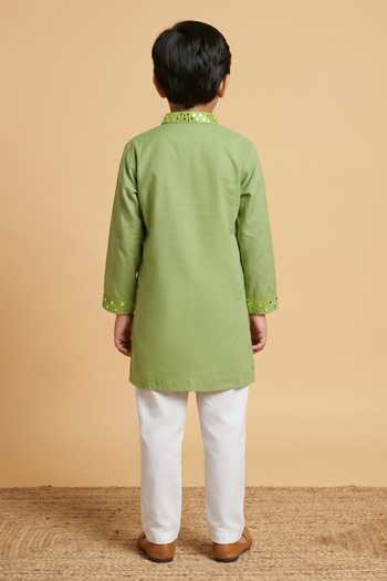 Shop Byb Premium Green Chanderi Embroidery Sage Kurta And Pyjama Set at Aza Fashions Shop_Byb Premium_Green Chanderi Embroidery Sage Kurta And Pyjama Set _at_Aza_Fashions