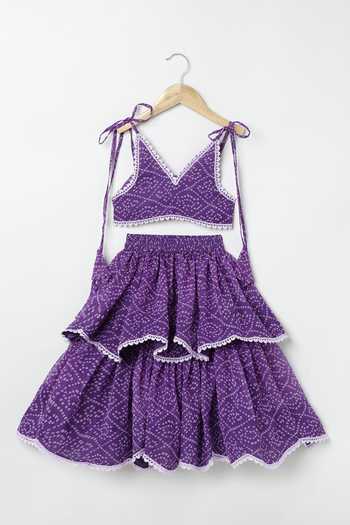Buy_Byb Premium_Purple Tissue, Taffeta, Chiffon Bandhani Pattern Top With Lehenga 