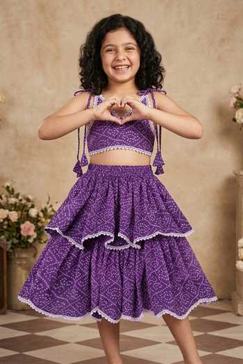 Shop_Byb Premium_Purple Tissue, Taffeta, Chiffon Bandhani Pattern Top With Lehenga 