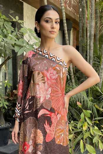 Ajiesh Oberoi_Brown Crepe, Bamboo Asymmetric Neck, One Shoulder Flower Print Dress _Online_at_Aza_Fashions