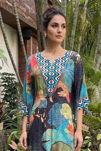 Ajiesh Oberoi_Blue Crepe, Bamboo Split V-neck Flower Print Kaftan _Online_at_Aza_Fashions
