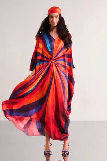 Dash And Dot Blue Polyester V-neck Swirl Print Kaftan Online at Aza Fashions Dash And Dot_Blue Polyester V-neck Swirl Print Kaftan _Online_at_Aza_Fashions