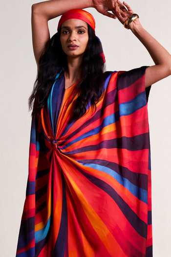 Dash And Dot Red Polyester V-neck Swirl Print Kaftan With Scarf Online at Aza Fashions Dash And Dot_Red Polyester V-neck Swirl Print Kaftan With Scarf _Online_at_Aza_Fashions