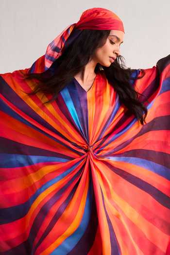 Buy Dash And Dot Red Polyester V-neck Swirl Print Kaftan With Scarf Online at Aza Fashions Buy_Dash And Dot_Red Polyester V-neck Swirl Print Kaftan With Scarf _Online_at_Aza_Fashions