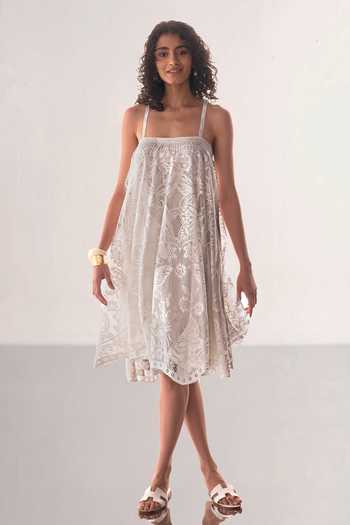 Dash And Dot White Polyester Bandeau Neck Scalloped Lace Dress Online at Aza Fashions Dash And Dot_White Polyester Bandeau Neck Scalloped Lace Dress _Online_at_Aza_Fashions