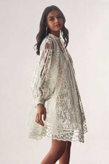 Dash And Dot White Polyester High Neck Lace Work A Line Dress Online at Aza Fashions Dash And Dot_White Polyester High Neck Lace Work A Line Dress _Online_at_Aza_Fashions