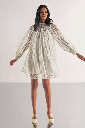Shop Dash And Dot White Polyester High Neck Lace Work A Line Dress Online at Aza Fashions Shop_Dash And Dot_White Polyester High Neck Lace Work A Line Dress _Online_at_Aza_Fashions