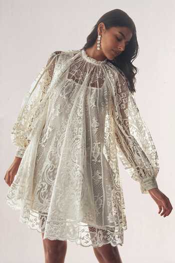 Dash And Dot White Polyester High Neck Lace Work A Line Dress at Aza Fashions Dash And Dot_White Polyester High Neck Lace Work A Line Dress _at_Aza_Fashions