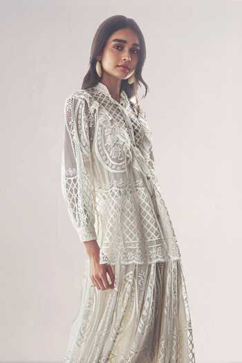 Dash And Dot Ivory Polyester Button-down Neck Lace And Ruffle Shirt Online at Aza Fashions Dash And Dot_Ivory Polyester Button-down Neck Lace And Ruffle Shirt _Online_at_Aza_Fashions