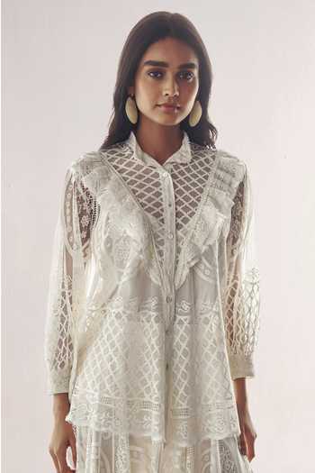 Shop Dash And Dot Ivory Polyester Button-down Neck Lace And Ruffle Shirt Online at Aza Fashions Shop_Dash And Dot_Ivory Polyester Button-down Neck Lace And Ruffle Shirt _Online_at_Aza_Fashions
