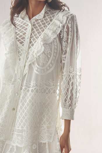 Dash And Dot Ivory Polyester Collared Neck Lace Ruffle Shirt And A-line Skirt Set at Aza Fashions Dash And Dot_Ivory Polyester Collared Neck Lace Ruffle Shirt And A-line Skirt Set _at_Aza_Fashions