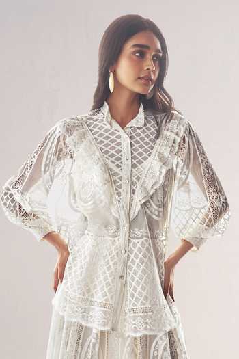 Shop Dash And Dot Ivory Polyester Collared Neck Lace Ruffle Shirt And A-line Skirt Set Shop_Dash And Dot_Ivory Polyester Collared Neck Lace Ruffle Shirt And A-line Skirt Set
