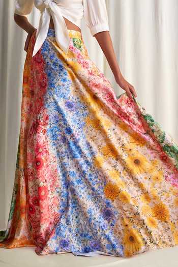 Dash And Dot_Ivory Polyester V-neck Tie Up Top And Printed Skirt Set _Online_at_Aza_Fashions