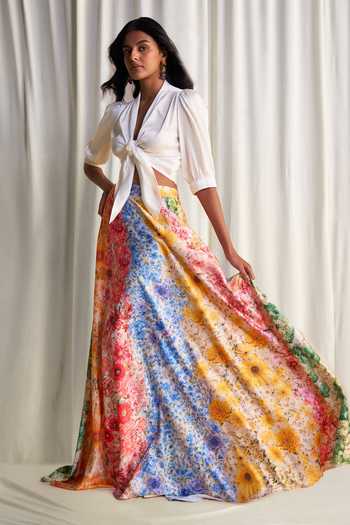 Dash And Dot Tie Up Top & Printed Skirt Set 