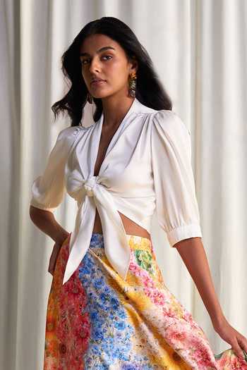 Dash And Dot Tie Up Top & Printed Skirt Set 