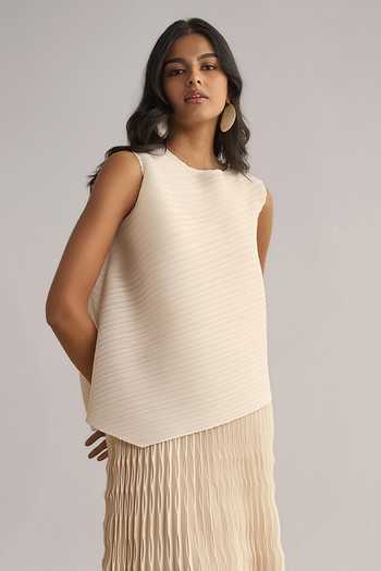 Dash And Dot Beige Polyester Round Neck Asymmetric Pleated Top And Skirt Set Online at Aza Fashions Dash And Dot_Beige Polyester Round Neck Asymmetric Pleated Top And Skirt Set _Online_at_Aza_Fashions