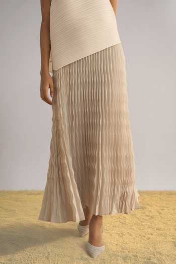 Shop Dash And Dot Beige Polyester Round Neck Asymmetric Pleated Top And Skirt Set Online at Aza Fashions Shop_Dash And Dot_Beige Polyester Round Neck Asymmetric Pleated Top And Skirt Set _Online_at_Aza_Fashions
