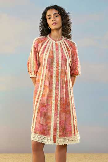 Dash And Dot Multi Color Linen, Viscose Mandarin Collar Printed Dress Online at Aza Fashions Dash And Dot_Multi Color Linen, Viscose Mandarin Collar Printed Dress _Online_at_Aza_Fashions