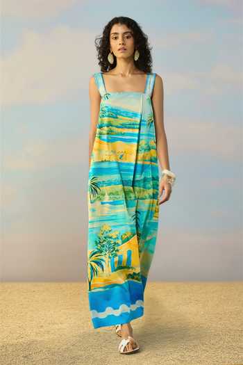 Shop Dash And Dot Multi Color Cotton Square Neck Scenic Print Maxi Dress Online at Aza Fashions Shop_Dash And Dot_Multi Color Cotton Square Neck Scenic Print Maxi Dress _Online_at_Aza_Fashions
