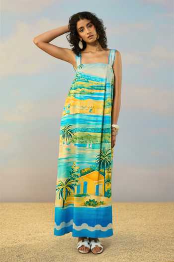 Dash And Dot_Multi Color Cotton Square Neck Scenic Print Maxi Dress _at_Aza_Fashions