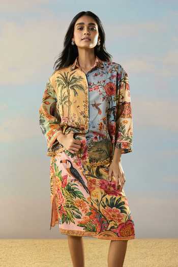 Dash And Dot Multi Color Viscose Collared Neck Coastal Print Shirt And Skirt Set at Aza Fashions Dash And Dot_Multi Color Viscose Collared Neck Coastal Print Shirt And Skirt Set _at_Aza_Fashions