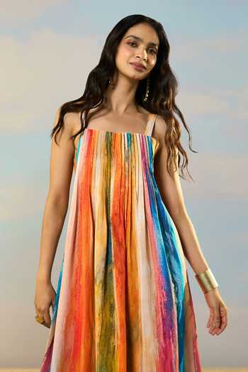 Dash And Dot Multi Color Cotton, Linen Square Neck Abstract Watercolour Print Dress Online at Aza Fashions Dash And Dot_Multi Color Cotton, Linen Square Neck Abstract Watercolour Print Dress _Online_at_Aza_Fashions