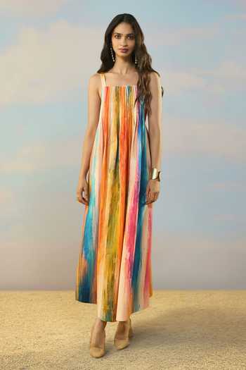 Shop Dash And Dot Multi Color Cotton, Linen Square Neck Abstract Watercolour Print Dress Online at Aza Fashions Shop_Dash And Dot_Multi Color Cotton, Linen Square Neck Abstract Watercolour Print Dress _Online_at_Aza_Fashions
