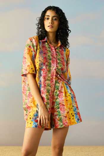 Buy Dash And Dot Multi Color Satin Collared Neck, Botanical Stripe Print Shirt And Shorts Set Online at Aza Fashions Buy_Dash And Dot_Multi Color Satin Collared Neck, Botanical Stripe Print Shirt And Shorts Set _Online_at_Aza_Fashions