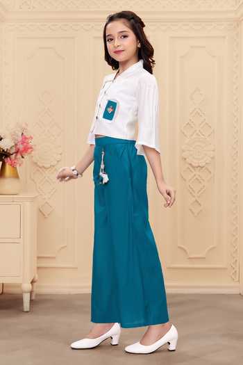 Mini Stitch_White Rayon Tassels Coconut Embroidered Top And Palazzo Set _Online_at_Aza_Fashions