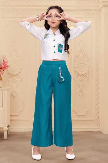 Buy_Mini Stitch_White Rayon Tassels Coconut Embroidered Top And Palazzo Set _Online_at_Aza_Fashions